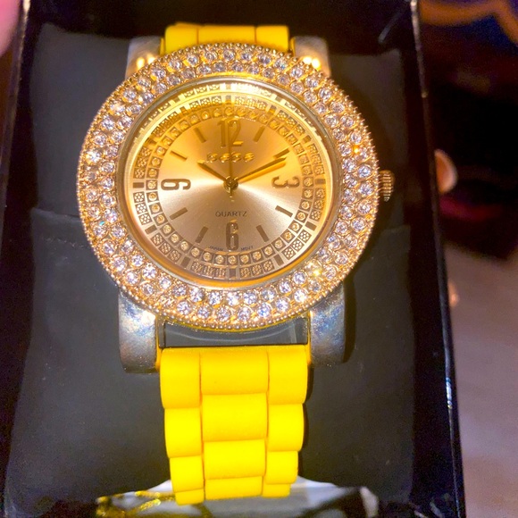 bebe Accessories - Bebe crystal encrusted watch, yellow band with box